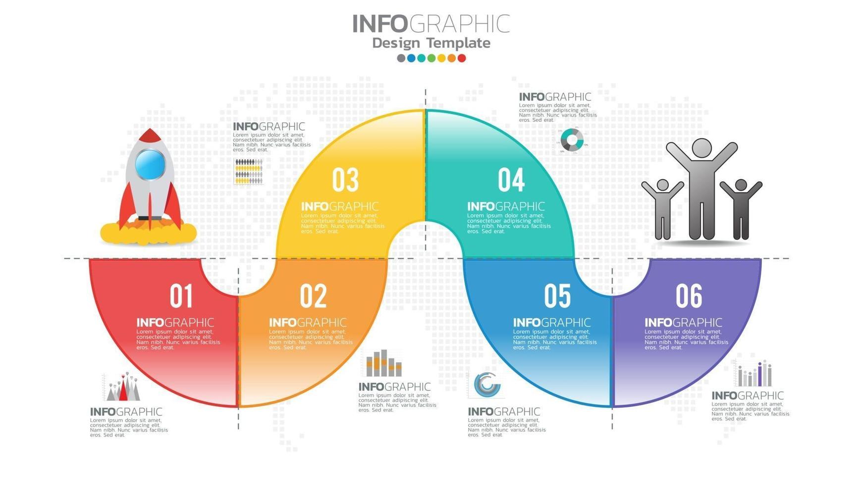 Infografik 6 Schritte Kreiselement mit Zahlen- und Diagrammdiagramm, Geschäftsdiagrammdesign. vektor