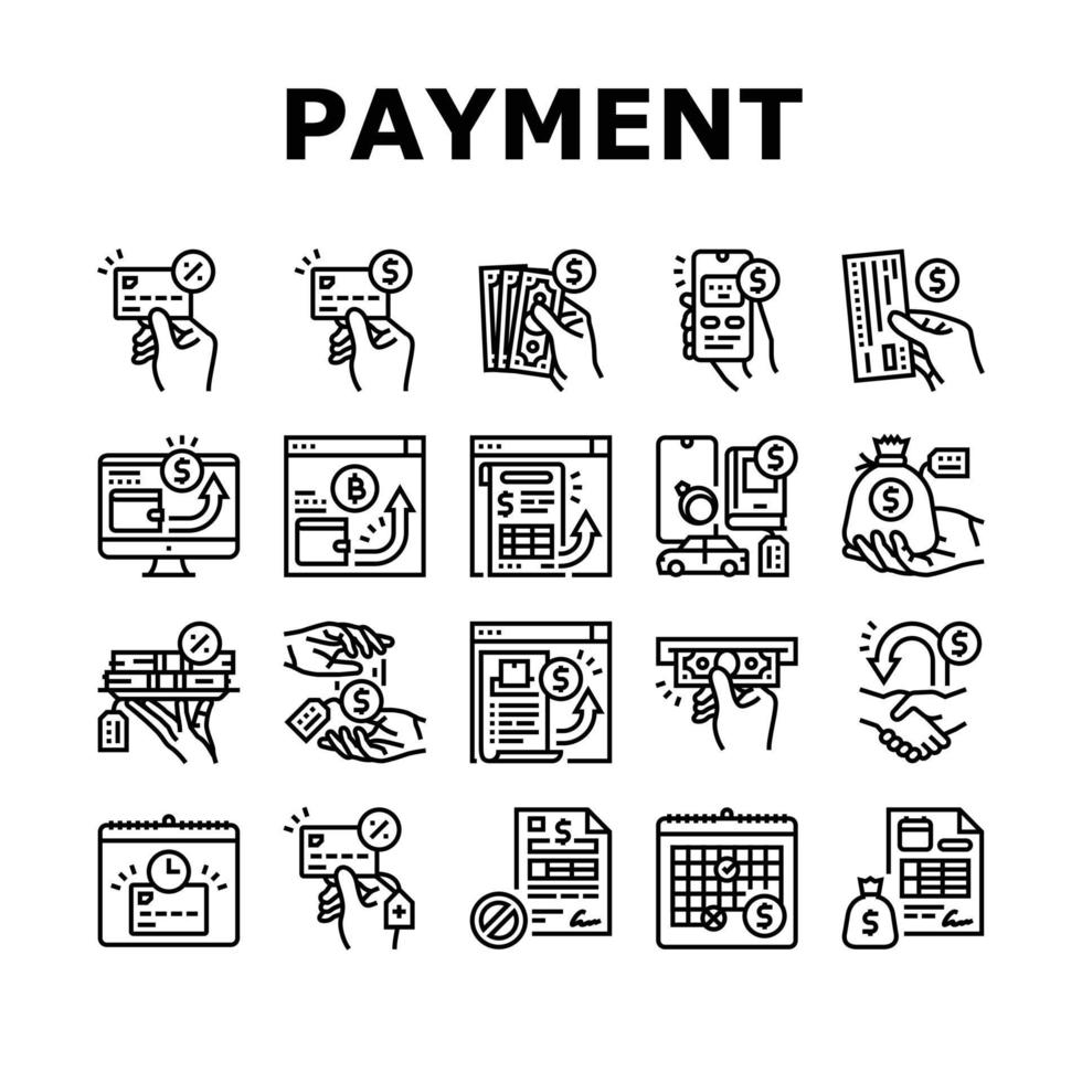 betalning Bank pengar finansiera kort ikoner uppsättning vektor