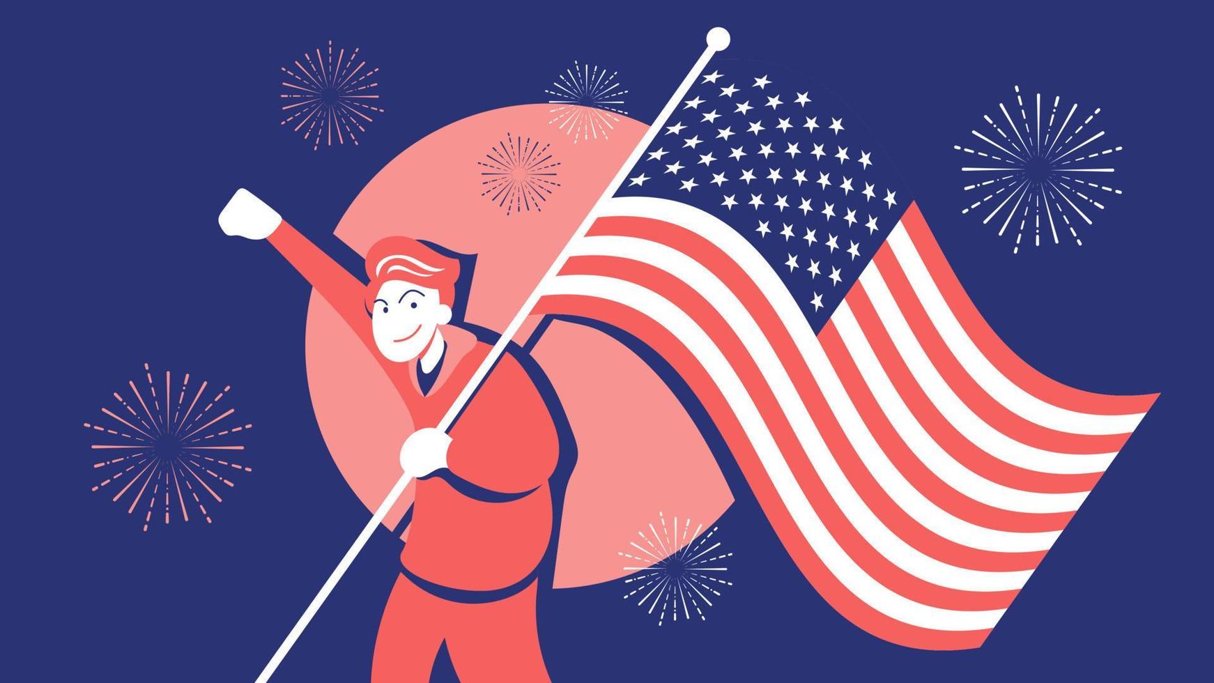 jung Mann Tragen USA Flagge im 4 .. von Juli Feier Illustration. retro Farbe Stil und rot Blau Weiß Feuerwerk Vektor