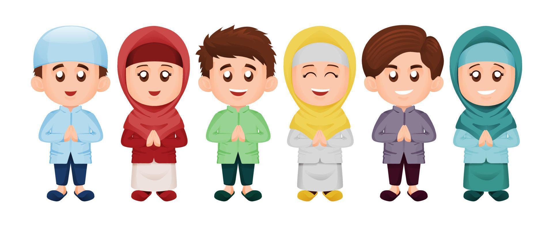 einstellen von einfach süß Muslim oder Moslem Kinder Junge und Mädchen Lächeln im bunt Thema Konzept vektor