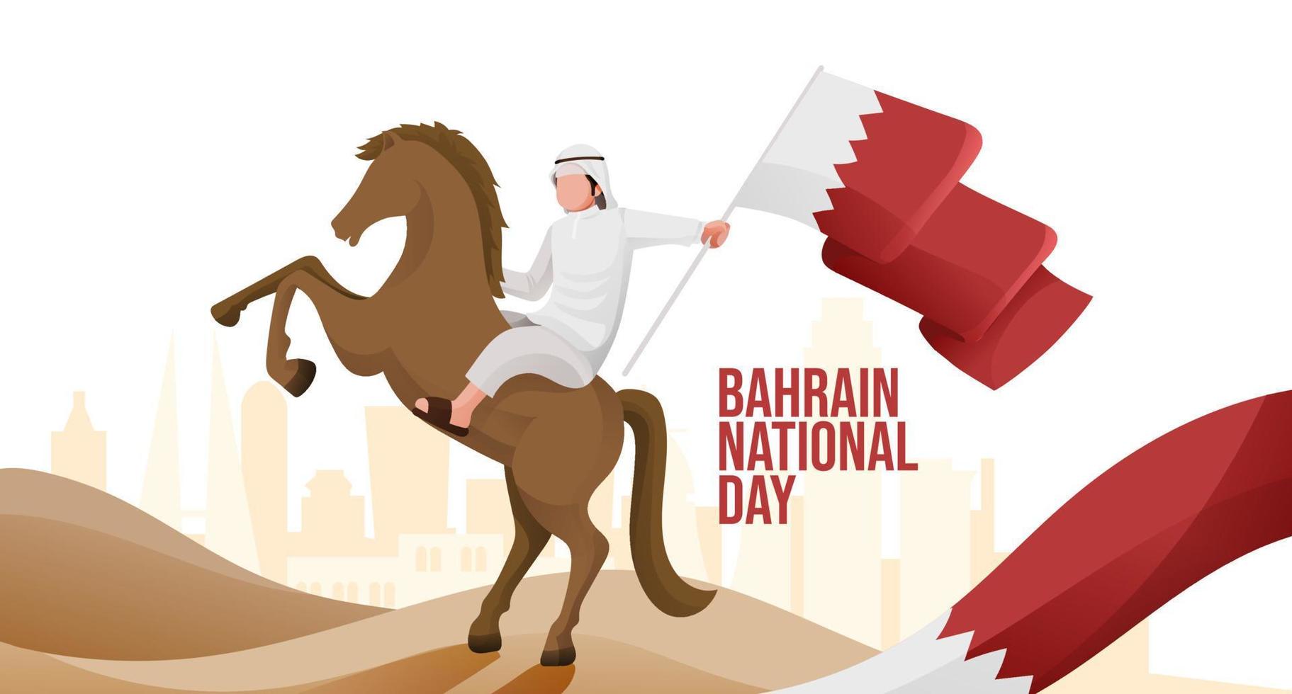 Bahrain National Tag Banner mit Karikatur Mann halten Flagge auf Pferd Illustration Konzept vektor