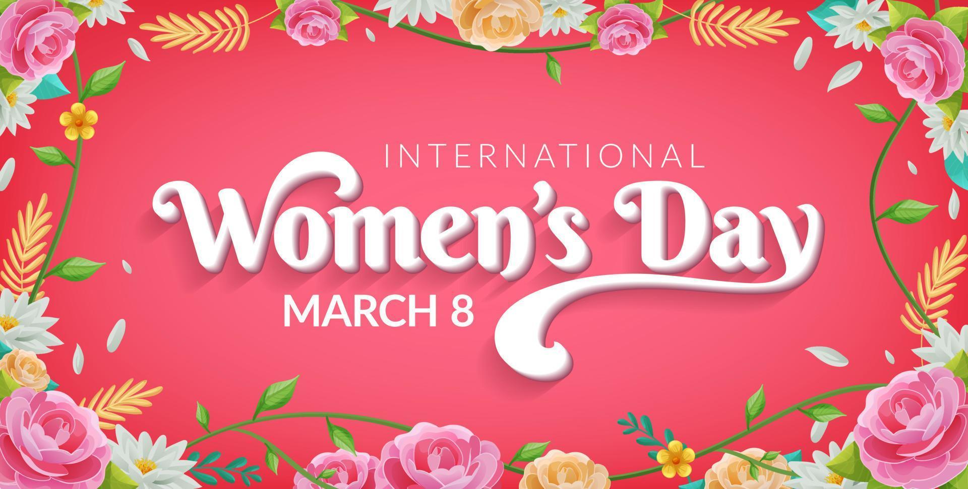internationell kvinnors dag Mars 8 firande med 3d typografi och färgrik blommor baner illustration vektor