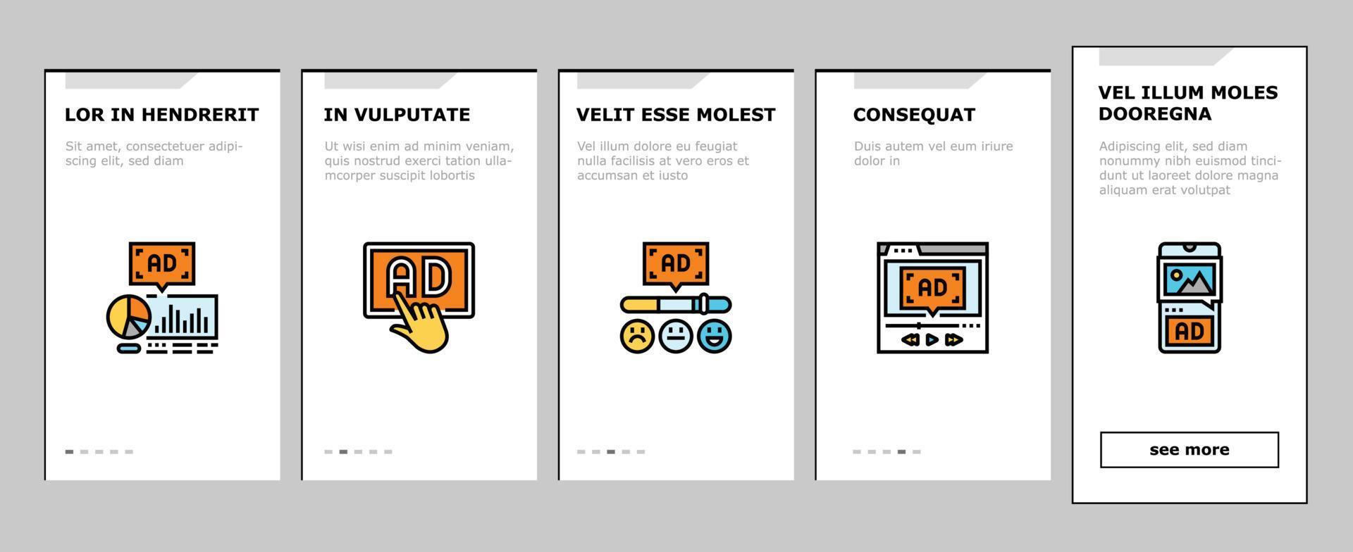 Werbung Medien Geschäft Onboarding Symbole einstellen Vektor