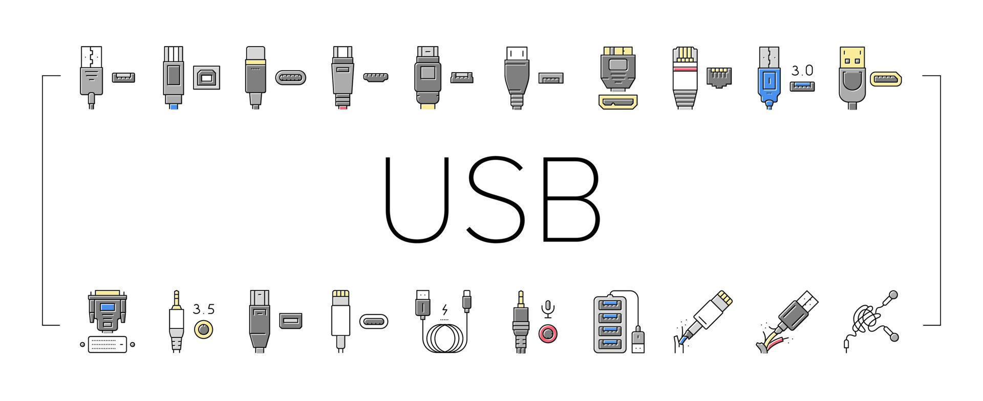 Usb-Kabel und Port-Käufe Symbole setzen Vektor