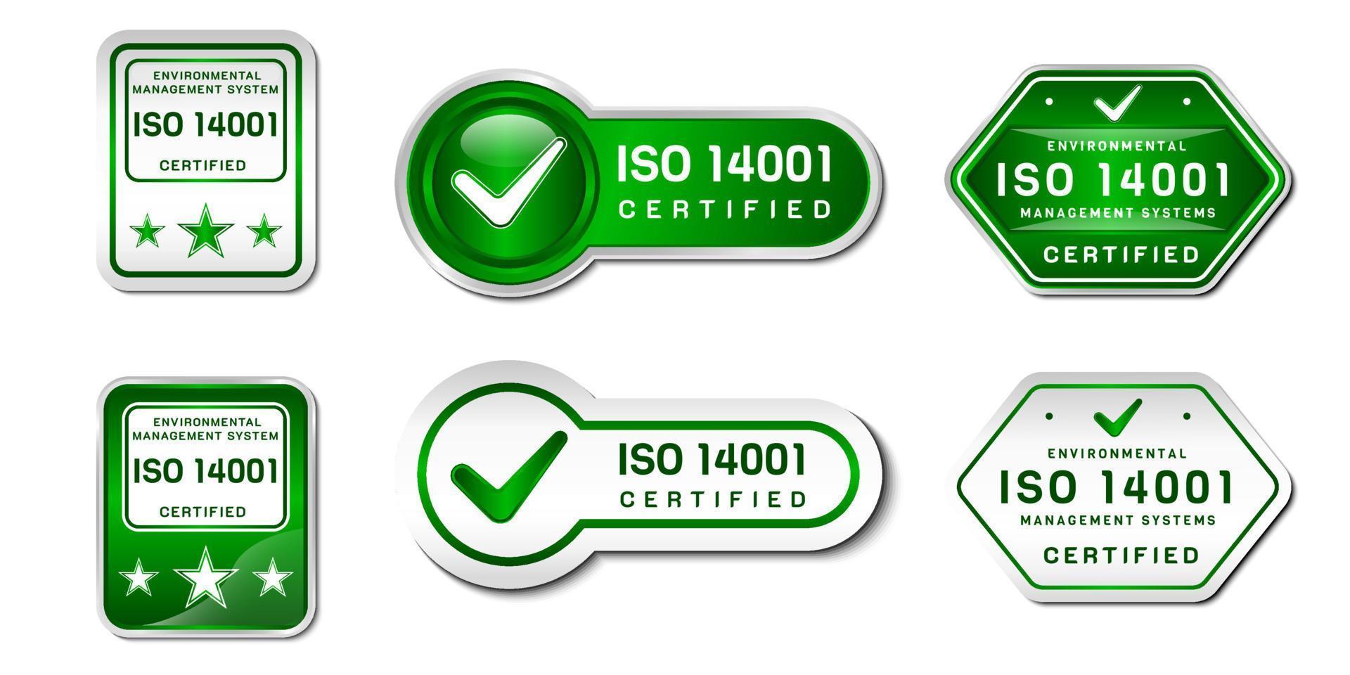 iso 14001 zertifiziert Etikette Briefmarke. Umwelt Verwaltung System unterzeichnen. mit ein überprüfen, und Star Symbol. auf Gradient Grün und Weiß Farbe. Prämie und Luxus Emblem Vektor Vorlage