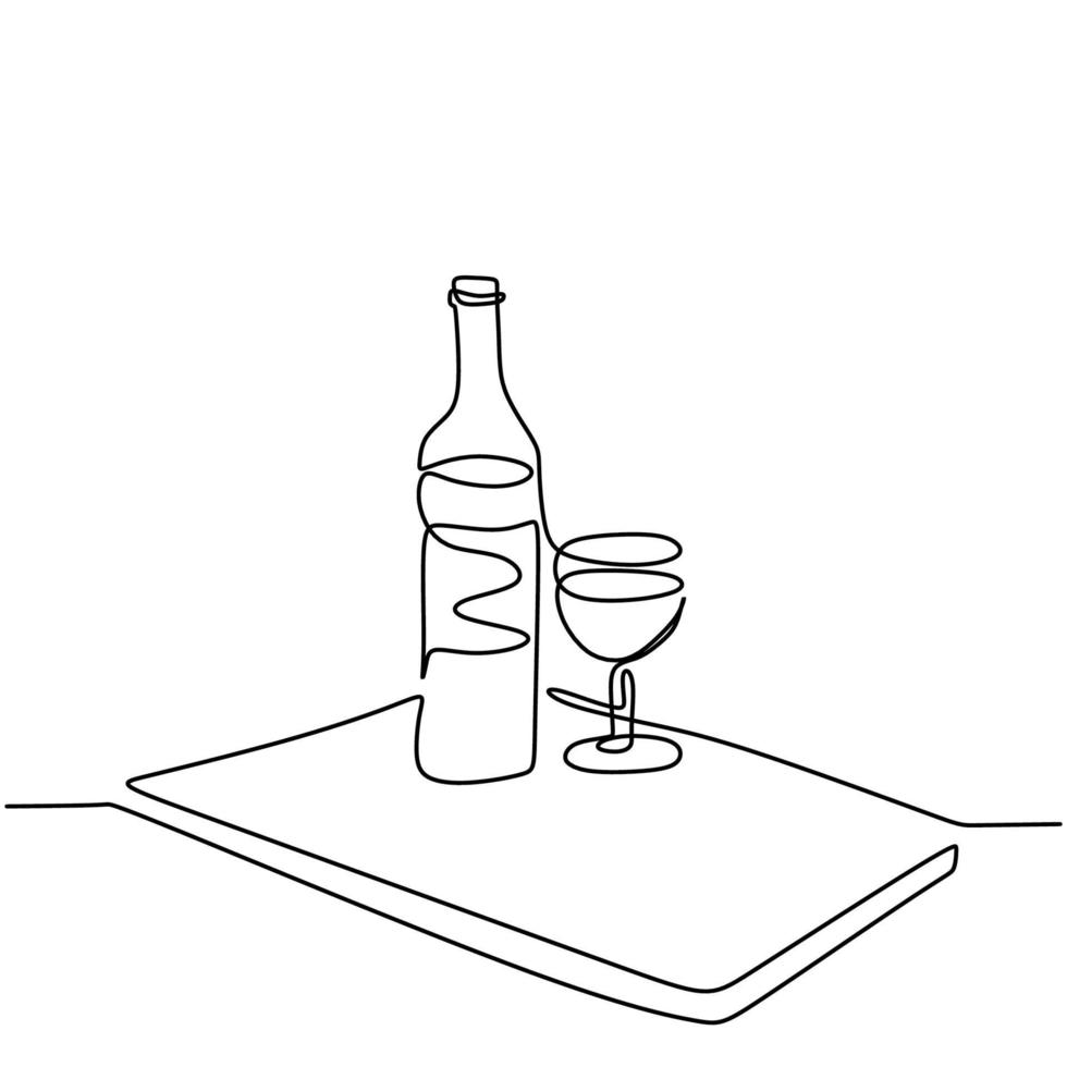 kontinuerlig en linjeteckning av en vinflaska och en linjär skiss av glas isolerad på vit bakgrund. champagneflaska med ett glas för festfest. minimalistisk design. vektor illustration