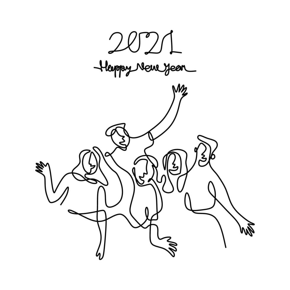 glada män och kvinnor välkomnar det nya året kontinuerligt en linje ritning. man och kvinna i nyårsfest koncept isolerad på vit bakgrund. firar det nya året 2021. vektor illustration