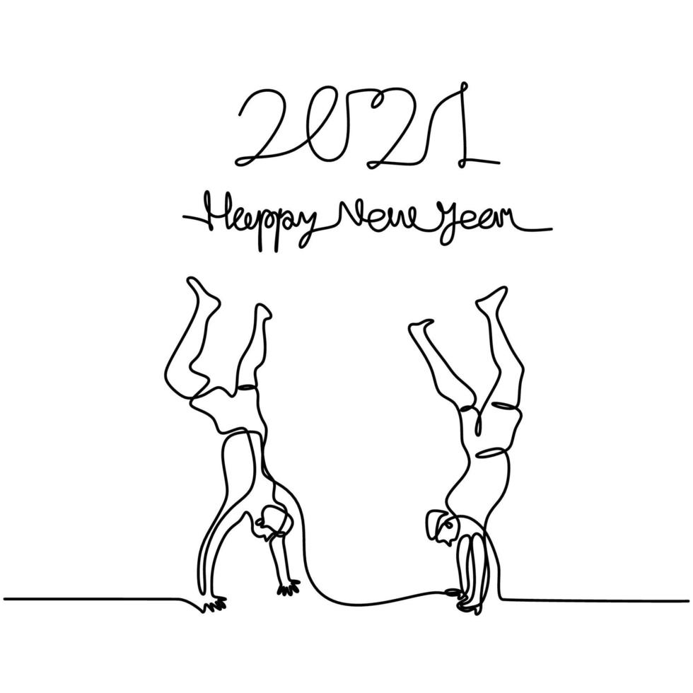 fortlaufend eine Strichzeichnung von zwei jungen Männern feiern das neue Jahr 2021. glücklicher Teenagerjunge, der auf seinen Händen steht, während das neue Jahr auf weißem Hintergrund isoliert begrüßt. Vektorillustration vektor