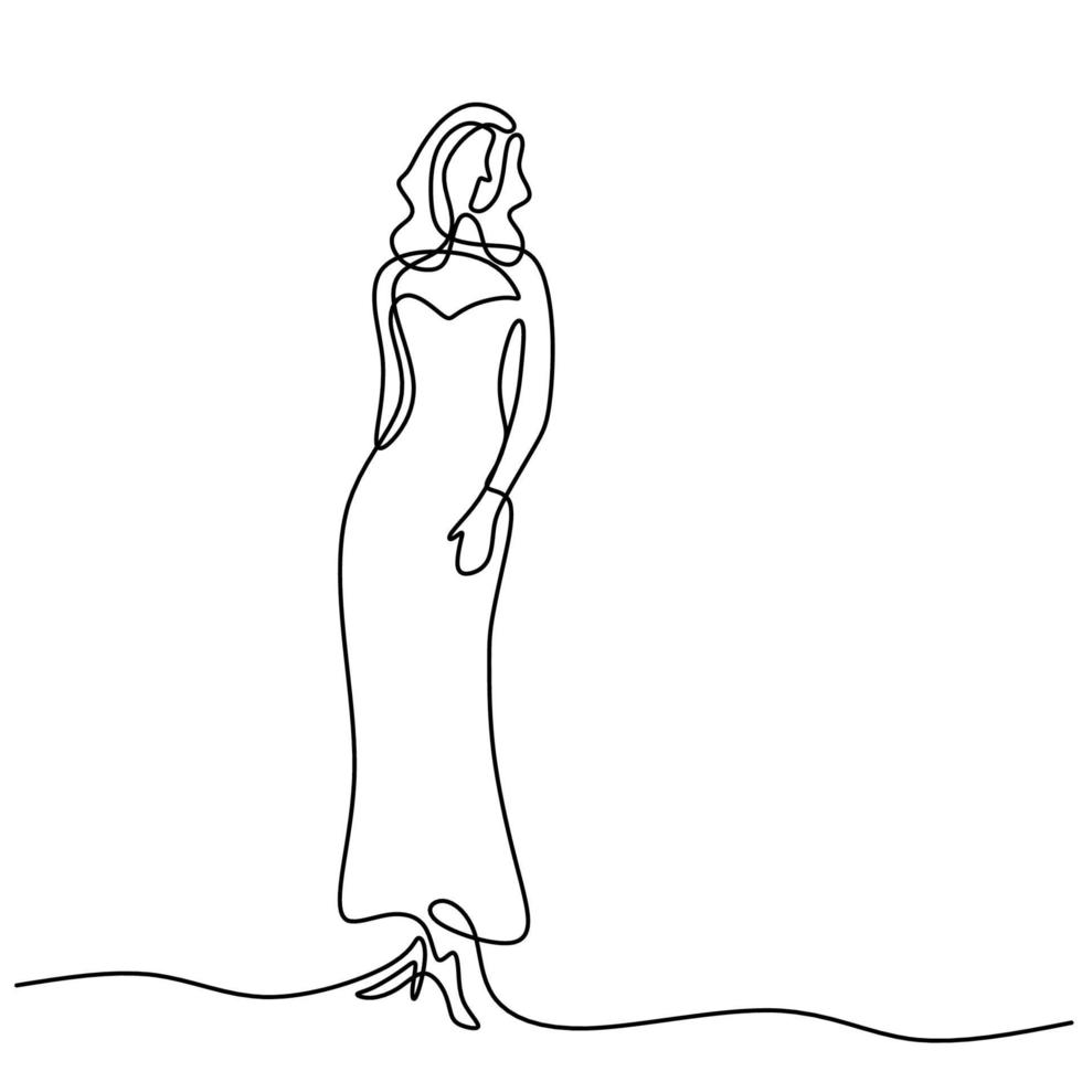 Schönheit Frau Modell trägt sexy Kleid. eine durchgehende Strichzeichnungsfrau im stehenden Kleid des eleganten Kleides posieren und sehen so hübsch isoliert auf weißem Hintergrund aus. weibliches Modekleid-Konzept vektor