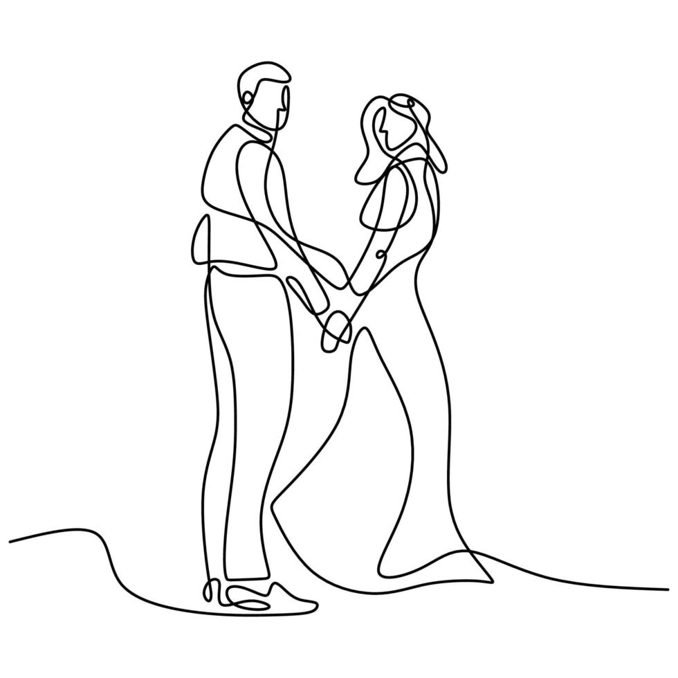 ett kontinuerligt dragit bröllop. karaktärerna i bruden och brudgummen till mannen och hustrun är gifta isolerade på vit bakgrund. brud, brudgum, par, kärlek, firande, romantiskt koncept vektor