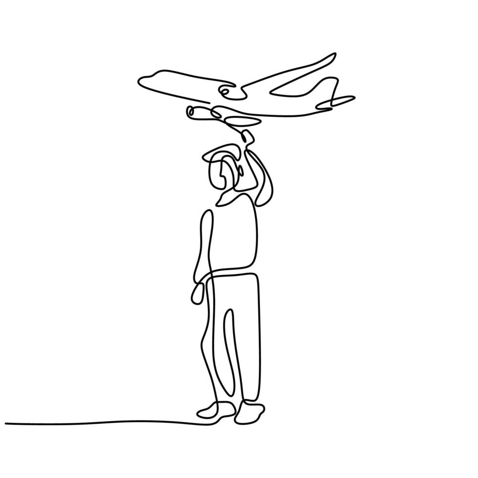 eine fortlaufende Strichzeichnung eines jungen Mannes, der ein Spielzeugflugzeug auf dem Feld startet. glücklicher Teenagerjunge, der Flugzeug in den Himmel spielt, lokalisiert auf weißem Hintergrund. Sommer Aktivität Thema. Vektorillustration vektor