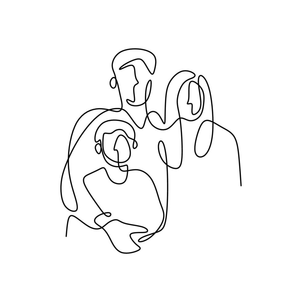 kontinuierliche einzeilige Zeichnung der glücklichen Familie. Vater, Mutter umarmen ihr Kind zusammen voller Wärme zu Hause isoliert auf weißem Hintergrund. Erziehungskonzept. Vektor-Illustration Minimalismus-Stil vektor