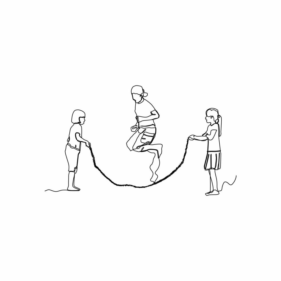 linje design av unge spelar hoppa rep vektor