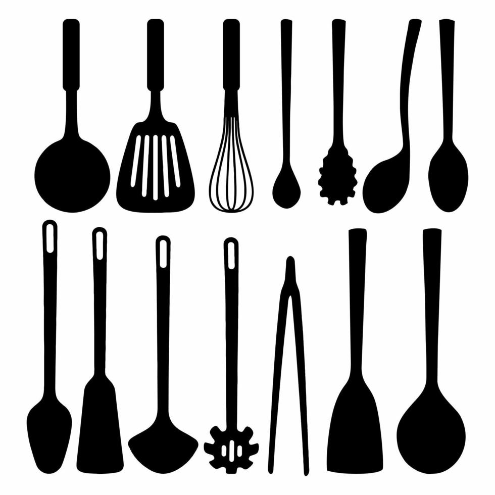 svart och vit silhuett av matlagning verktyg vektor
