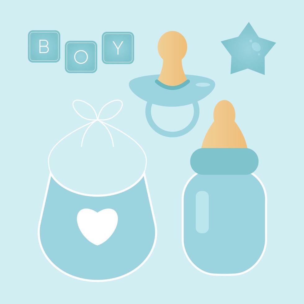 Baby Dusche Banner mit Flasche, Stern, Lätzchen, Nippel und Text Junge auf Blau Hintergrund. es s ein Junge. vektor