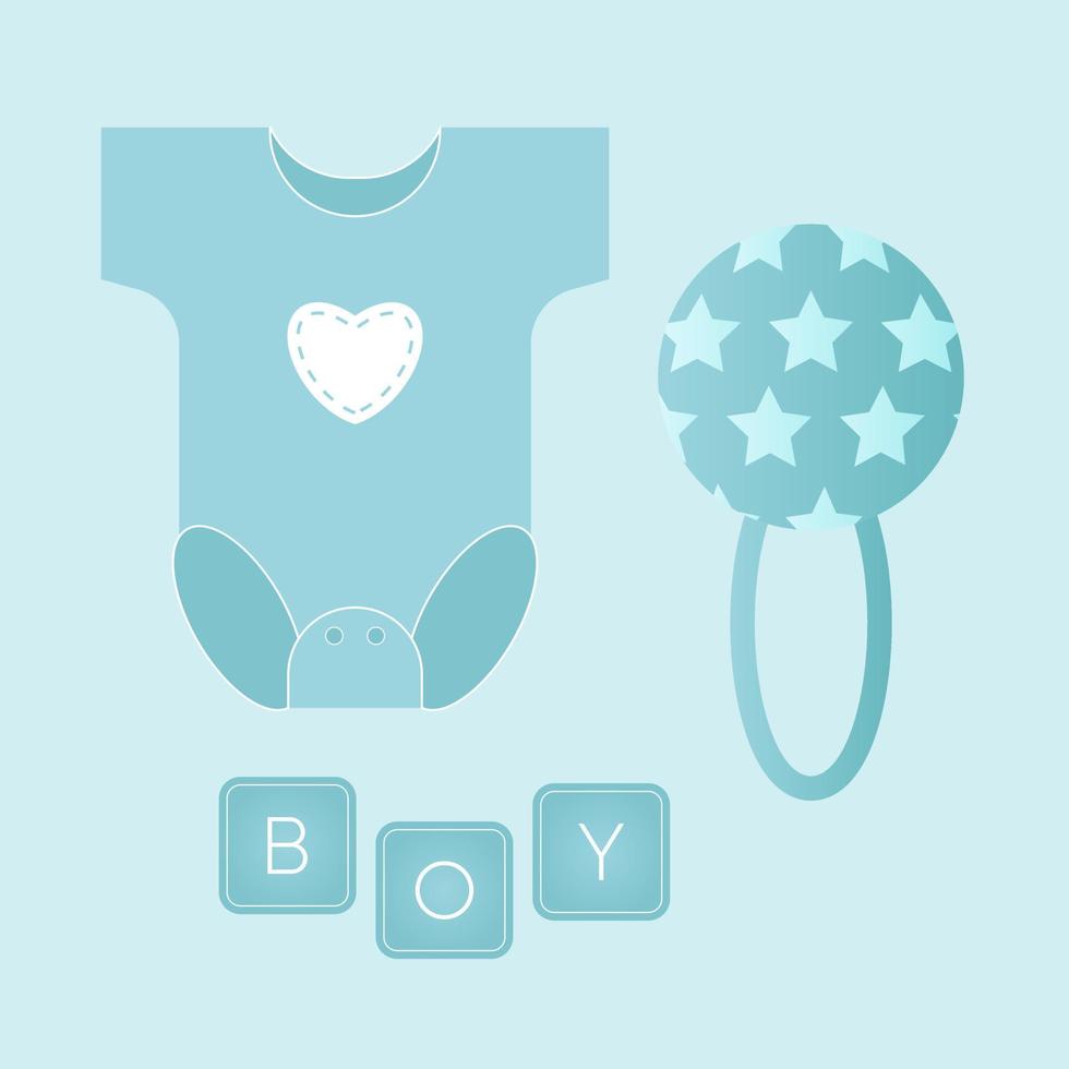 Baby Dusche Banner mit Kleid, Rassel und Text Junge auf Blau Hintergrund. es s ein Junge. vektor