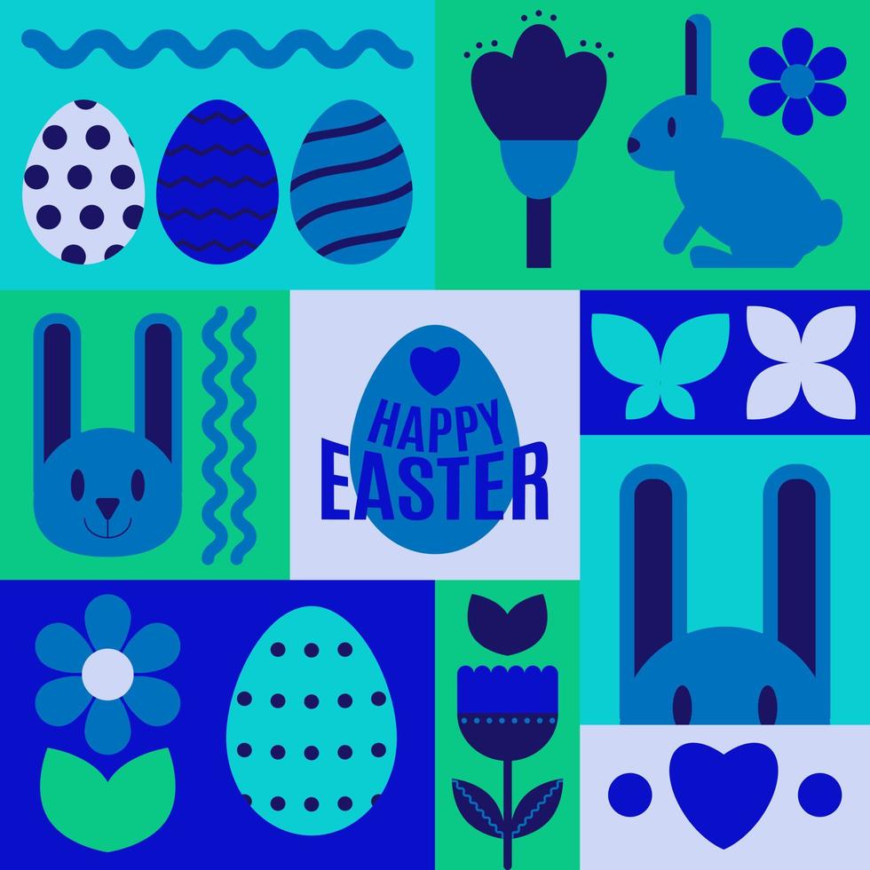 Lycklig påsk. mönster. modern geometrisk abstrakt stil. påsk ägg, kanin., blommor. vektor