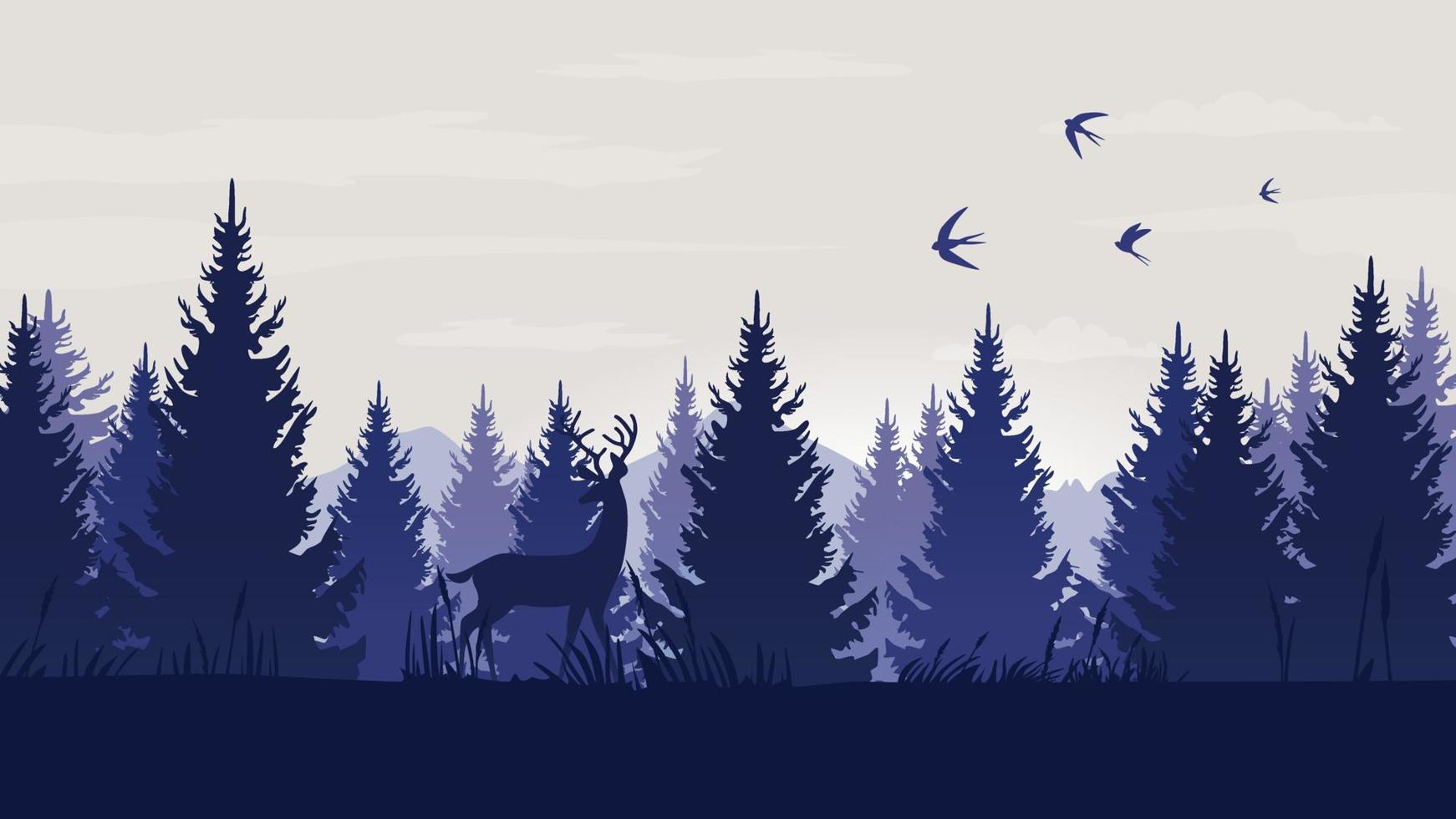 Wald Landschaft mit Blau und grün Silhouetten von Bäume und wild Tiere. Kiefer Wald. draussen und Natur Konzept. Vektor Illustration.