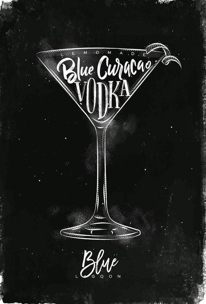 Blau Lagune Cocktail Beschriftung Limonade, Blau Curacao, Wodka im Jahrgang Grafik Stil Zeichnung mit Kreide auf Tafel Hintergrund vektor