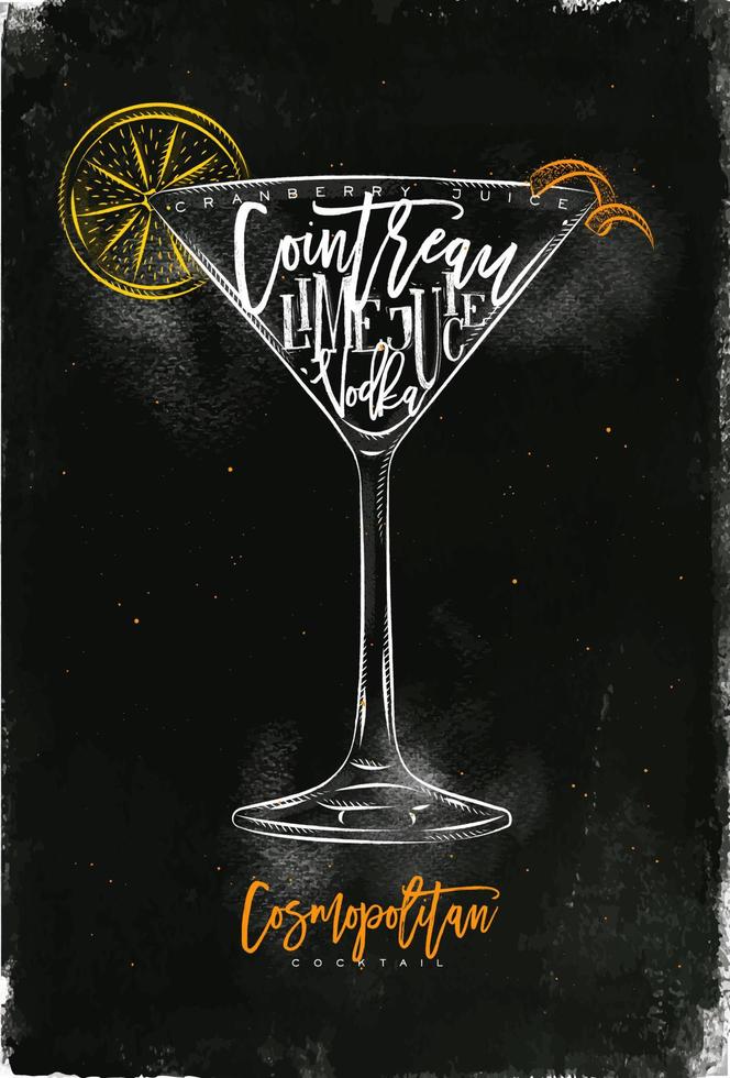 kosmopolitisk cocktailbokstäver tranbärsjuice, cointreau, vodka, lime i vintage grafisk stil ritning med krita och krita på svarta tavlan bakgrund vektor