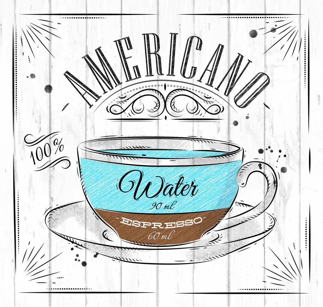 Poster Kaffee Americano im Jahrgang Stil Zeichnung auf Holz Hintergrund vektor