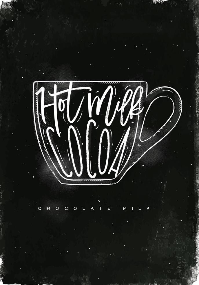 Schokolade Milch Tasse Beschriftung heiß Milch, Kakao im Jahrgang Grafik Stil Zeichnung mit Kreide auf Tafel Hintergrund vektor