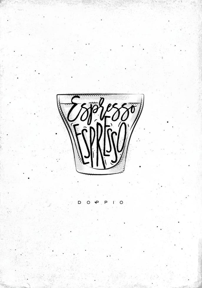 Doppio Tasse Beschriftung Espresso im Jahrgang Grafik Stil Zeichnung auf schmutzig Papier Hintergrund vektor