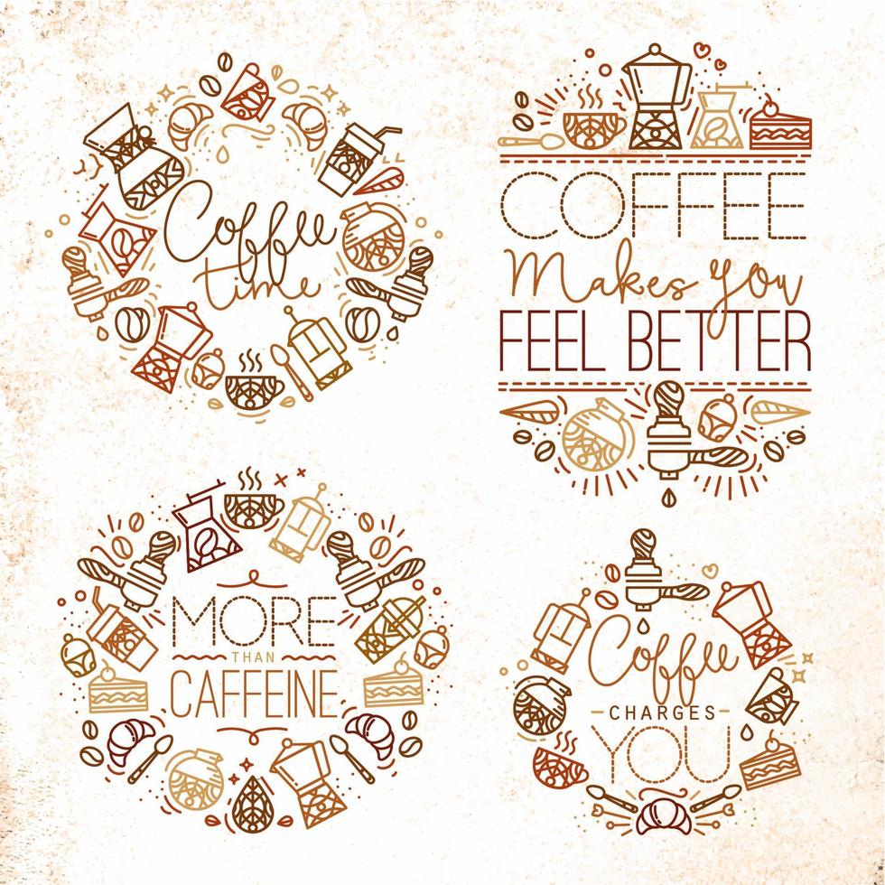 Kaffee Symbol Monogramme im eben Stil, Zeichnung mit braun Linien auf Weiß Hintergrund Beschriftung Kaffee Zeit, Kaffee macht Sie Gefühl besser, Mehr als Koffein, Kaffee Gebühren Sie vektor