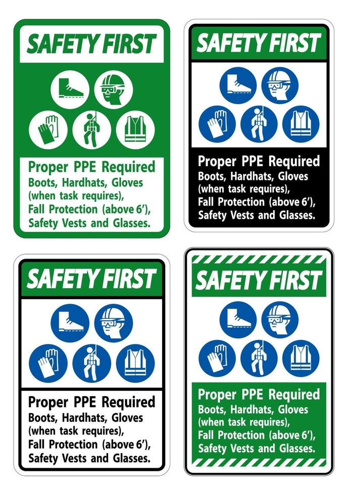 säkerhet först underteckna korrekt ppe krävs stövlar, hårdhattar, handskar när uppgiften kräver fallskydd med ppe-symboler vektor