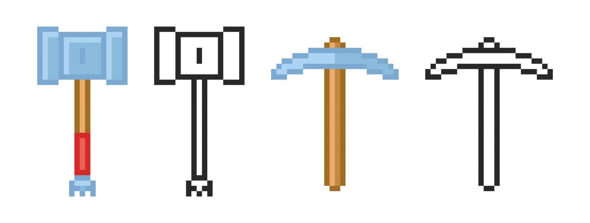 hammare och pickaxe ikon i pixel stil. uppsättning av retro pixelated ikoner. vektor