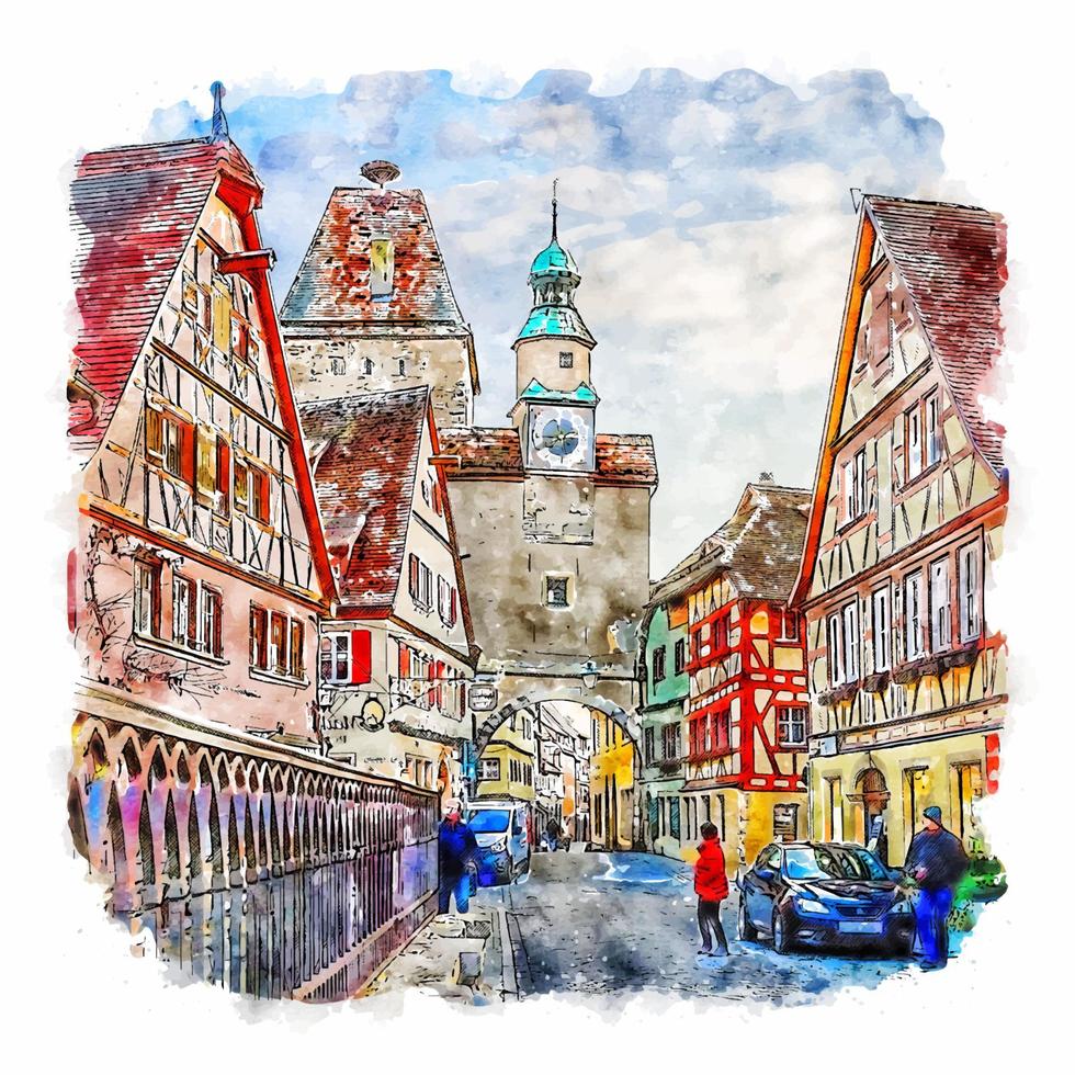 rothenburg deutschland aquarellskizze handgezeichnete illustration vektor