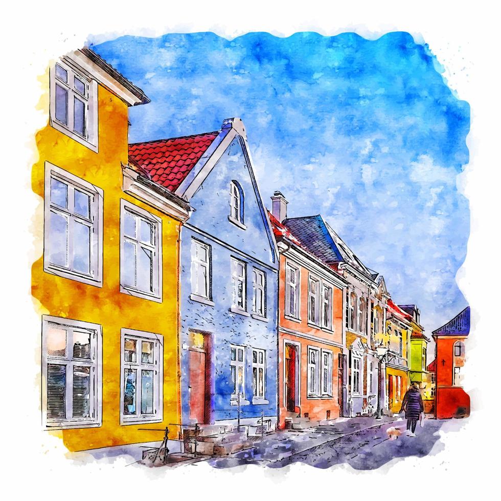 Bergen hordaland vattenfärg skiss hand dragen illustration vektor