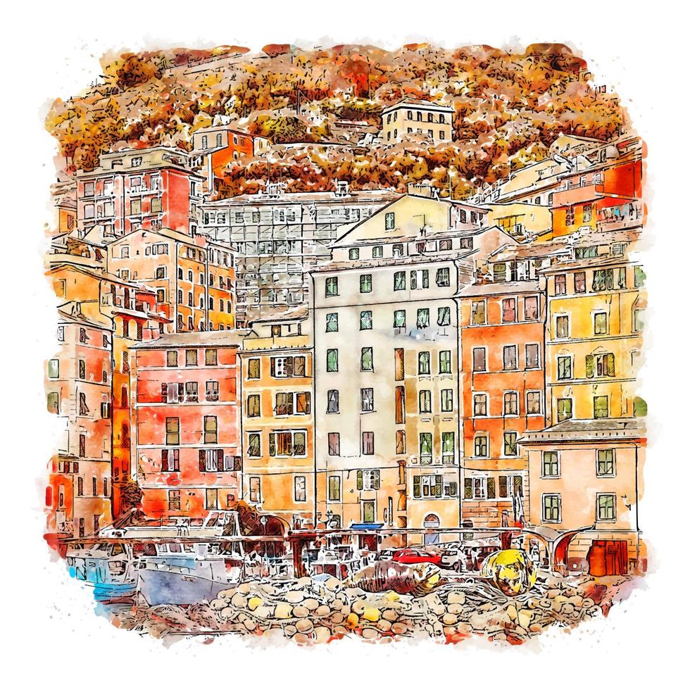 camogli Italien vattenfärg skiss hand dragen illustration vektor