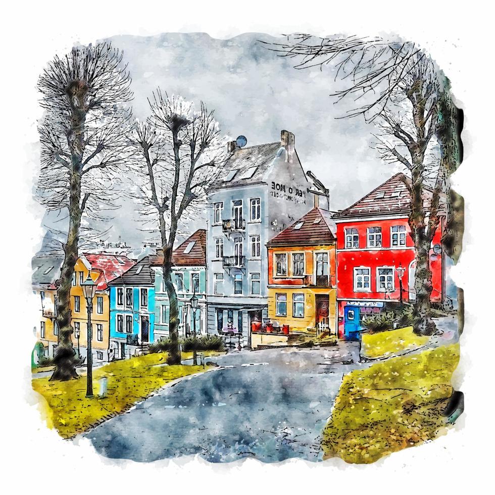 Bergen hordaland vattenfärg skiss hand dragen illustration vektor