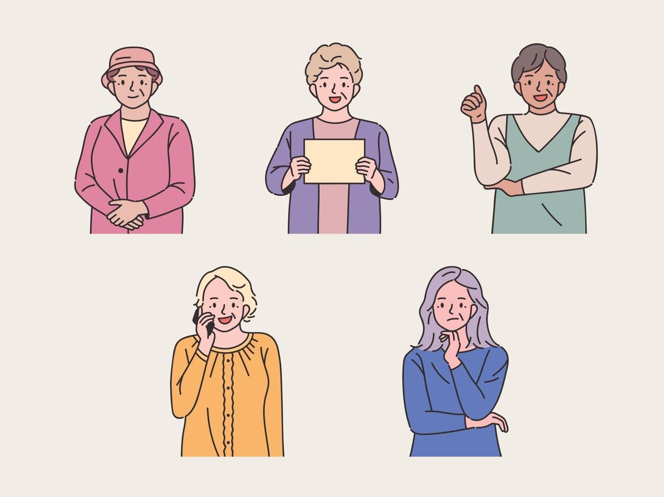 samling av äldre kvinnor som gör olika gester vektor