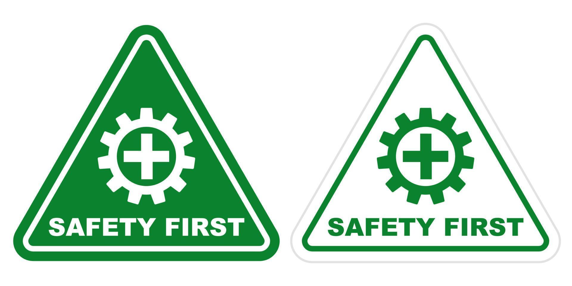 Sicherheit zuerst Zeichen Grün Dreieck Logo Design druckbar Beschilderung sicher Arbeitsplatz Konstruktion Banner Poster vektor