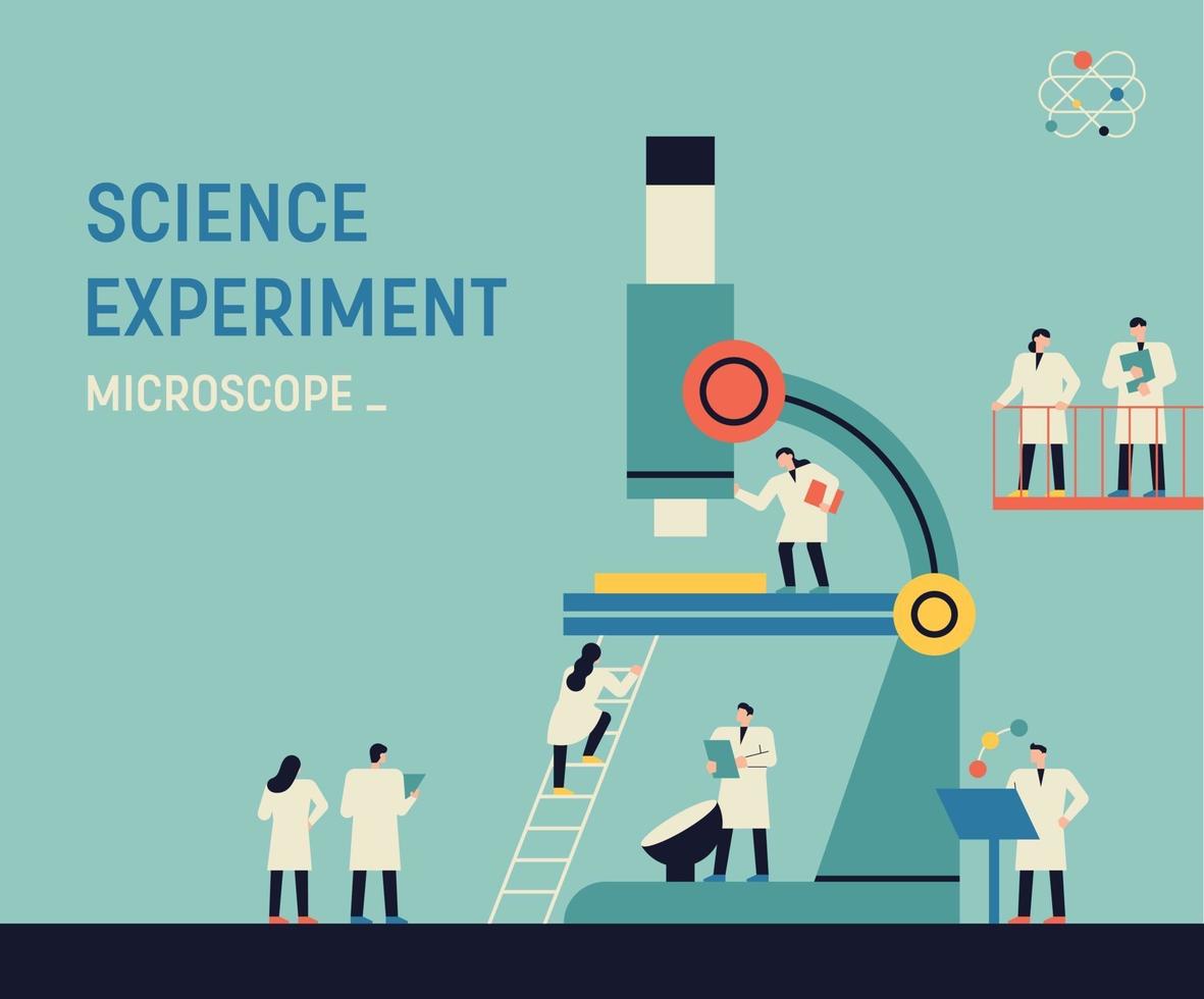 wissenschaftliches Experiment mit großem Mikroskop und Wissenschaftlern vektor