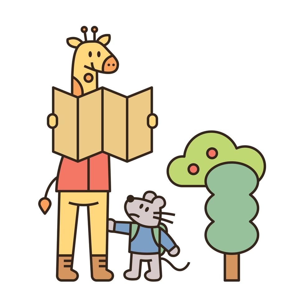 Giraffe und Ratte wandern. Die Giraffe schaut auf die Karte und die Maus ist kurz und unsichtbar. flache Designart minimale Vektorillustration. vektor