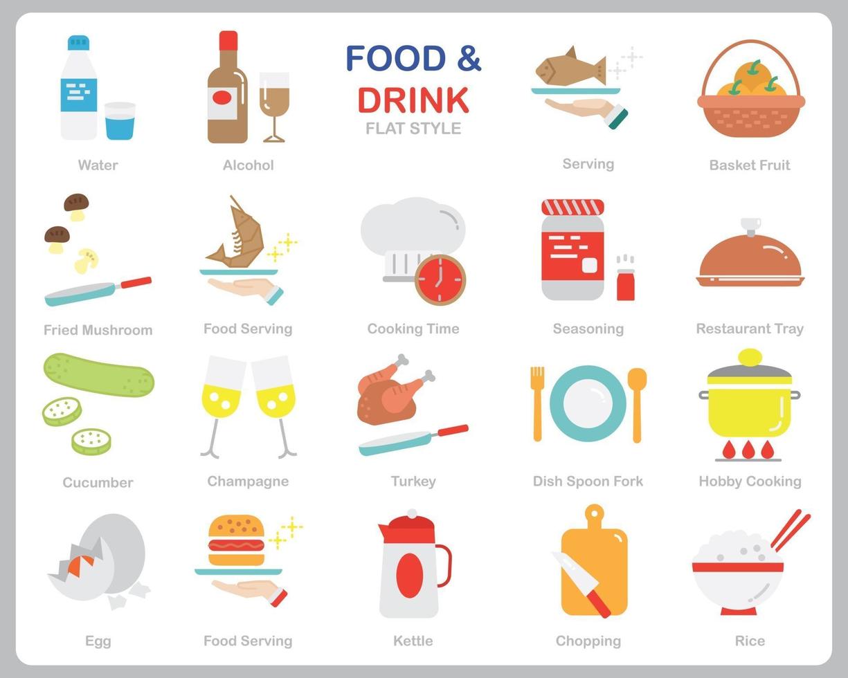 mat och dryck ikonuppsättning för webbplats, dokument, affischdesign, utskrift, applikation. mat och dryck koncept ikon platt stil. vektor