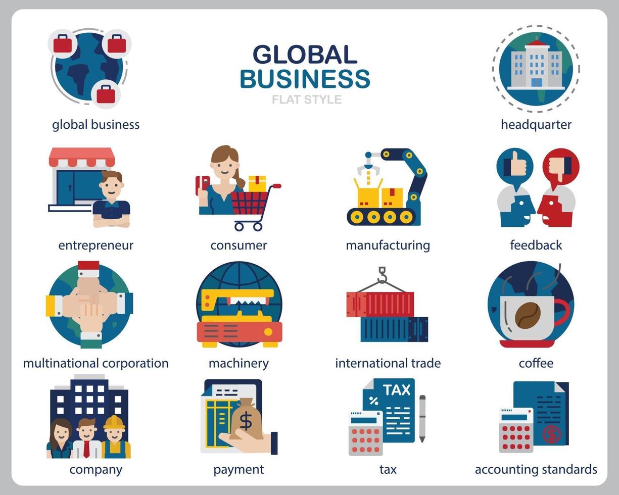 Global Business Icon Set für Website, Dokument, Poster Design, Druck, Anwendung. Gliederungsstil der globalen Geschäftskonzeptikone. vektor