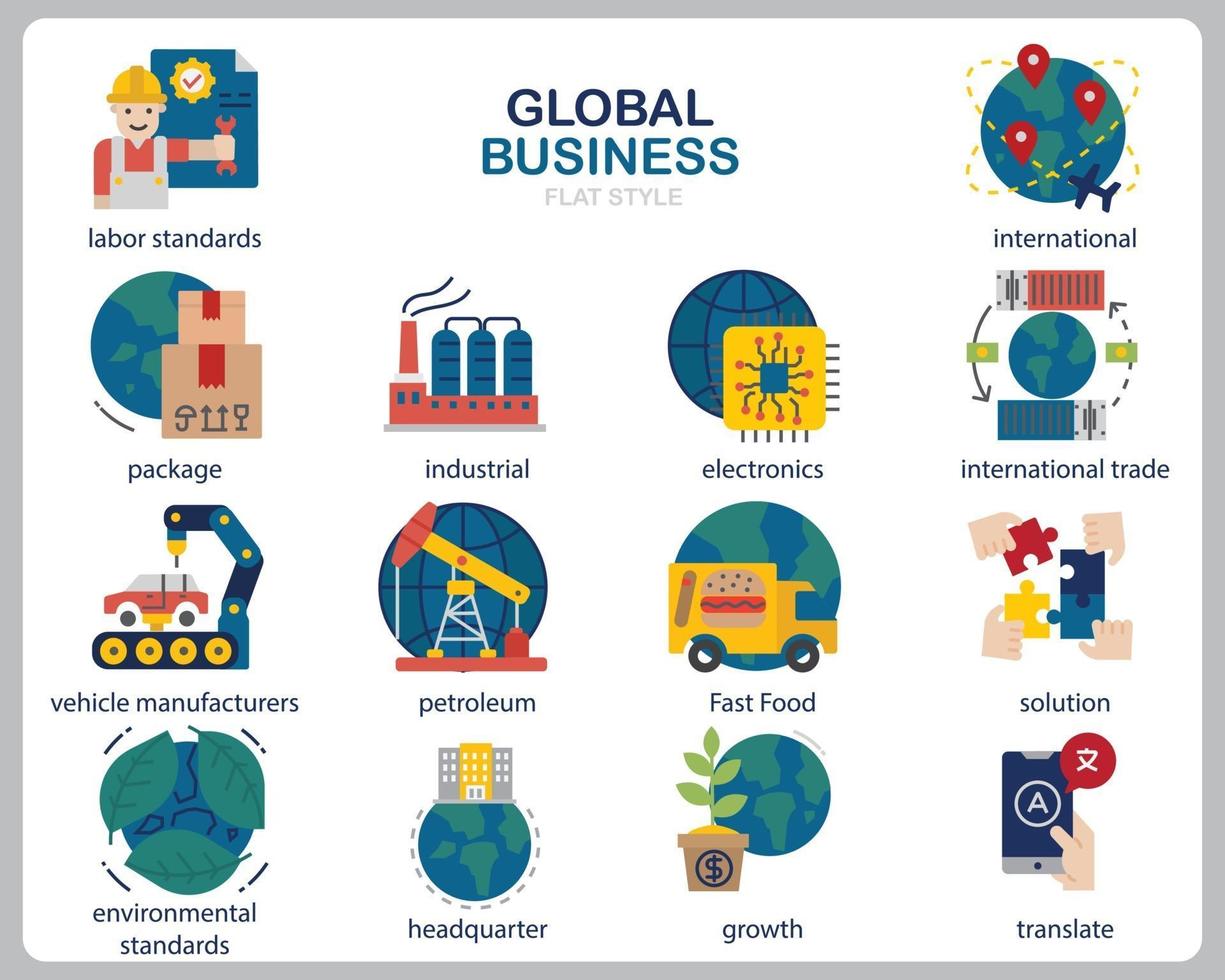 Global Business Icon Set für Website, Dokument, Poster Design, Druck, Anwendung. Gliederungsstil der globalen Geschäftskonzeptikone. vektor