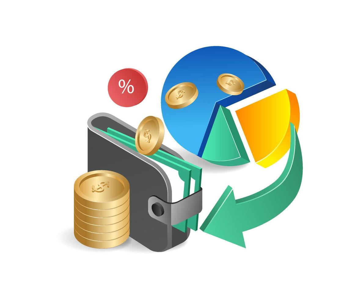 isometrisch eben 3d Illustration Konzept von Geld Investition Kuchen Diagramm vektor