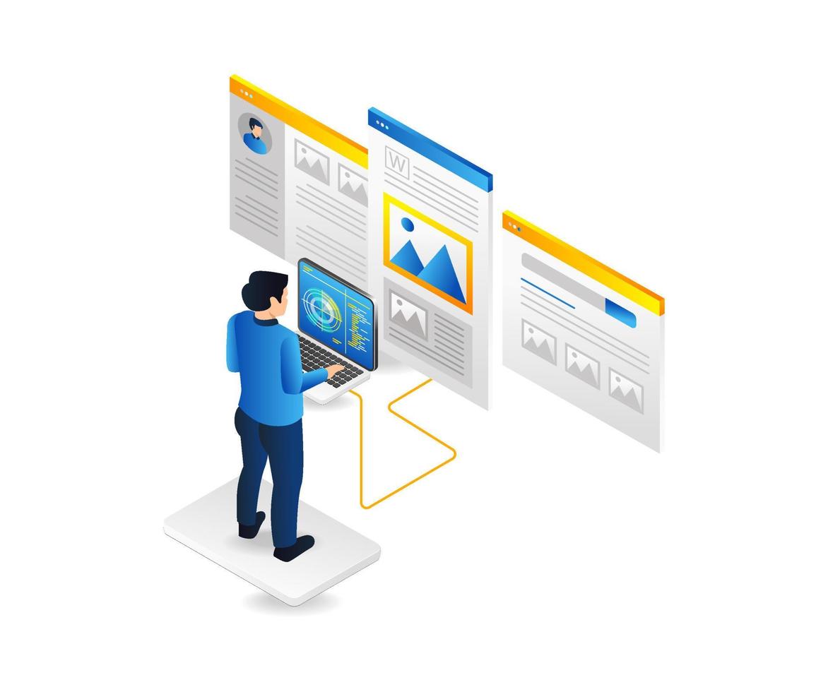 isometrisch eben 3d Illustration Konzept von Mann Analysieren App Netz Bildschirm vektor