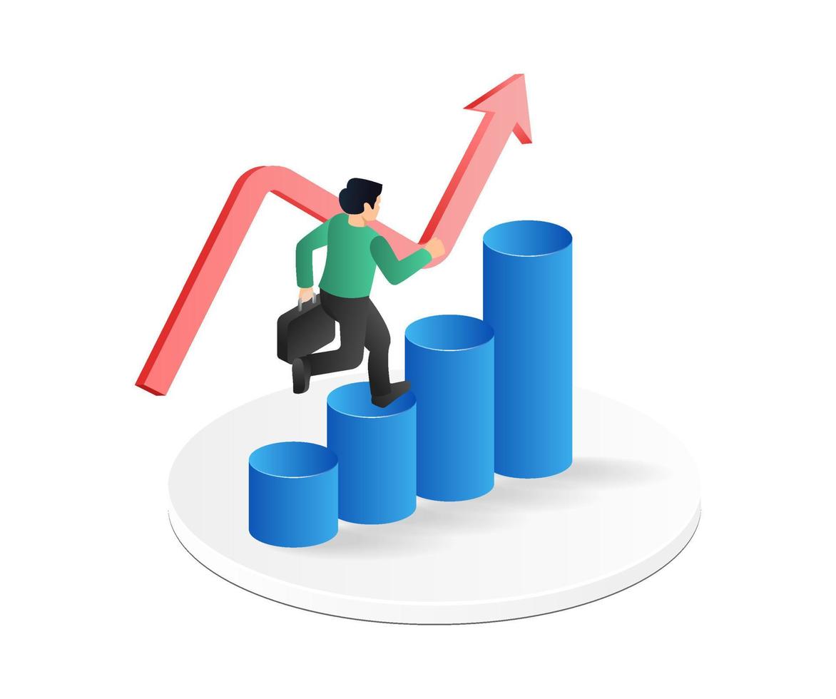 isometrisch eben 3d Illustration Konzept von Mann Gehen auf Bar Diagramm vektor