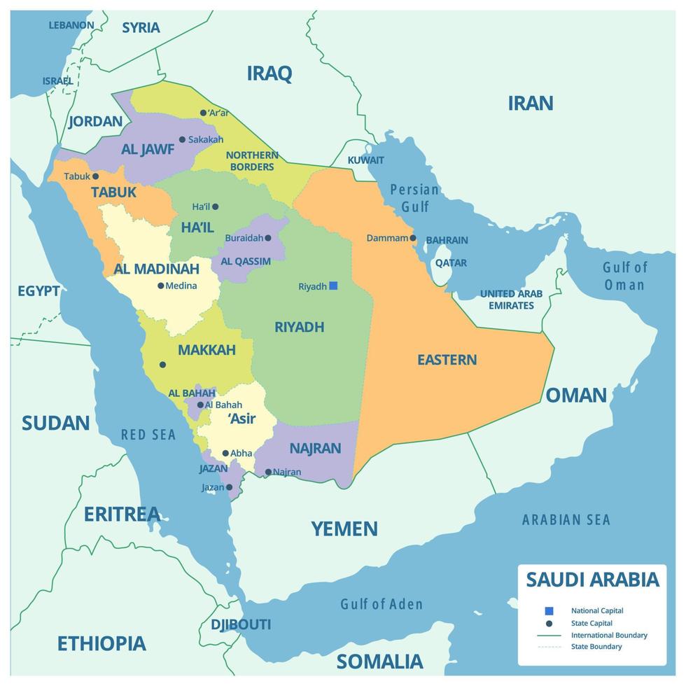 saudi arabien detaljerad Karta med stater och provinser vektor