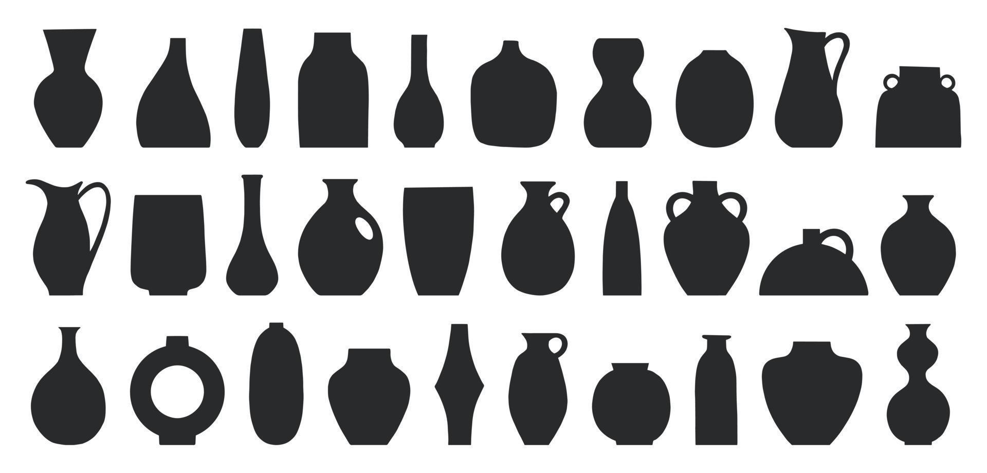 uppsättning av olika former av dekorativa vaser och krukor vektorillustration. minimalistiska former i svarta färger. samtida konst för heminredning. designelement för affisch, omslag, broschyr vektor