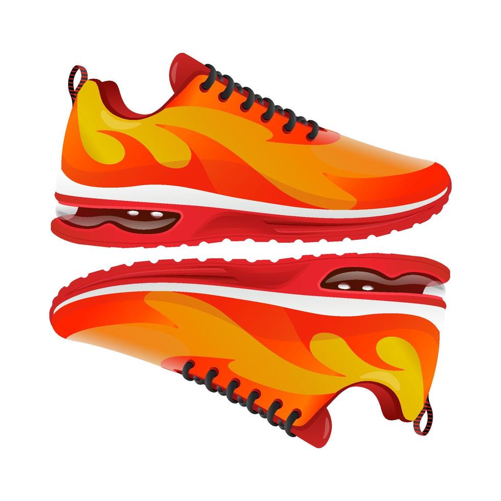 Laufen Schuhe Vektor Illustration mit Feuer gestalten Gelb und rot isoliert auf Weiß Hintergrund
