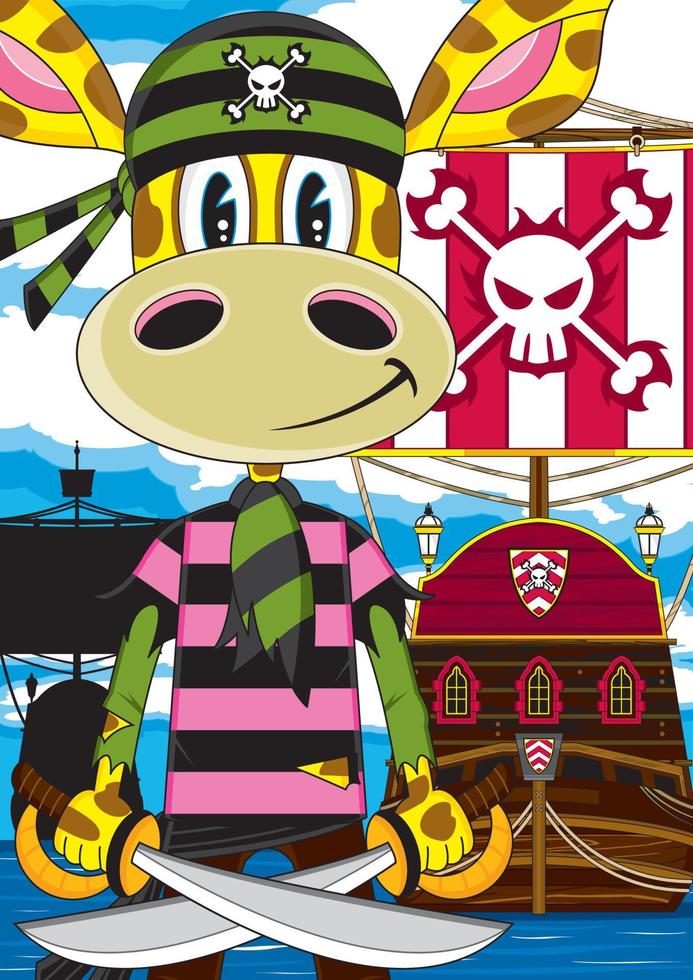 söt tecknad serie skrävlande giraff pirat och fartyg vektor