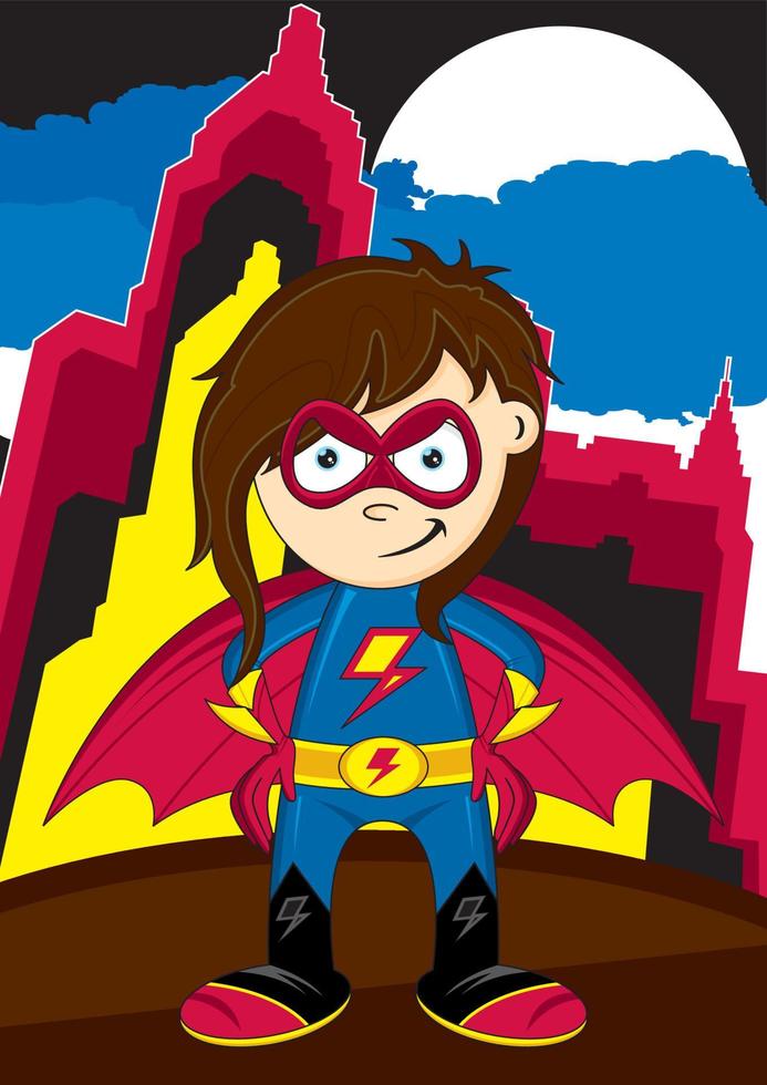 Karikatur heroisch Superheld Mädchen und Wolkenkratzer vektor