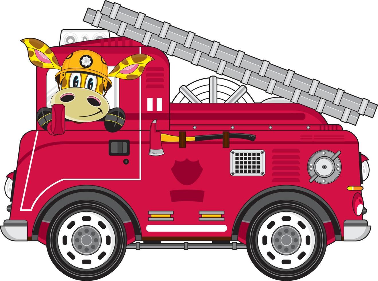 süß Karikatur Giraffe Feuerwehrmänner und Feuer Motor vektor